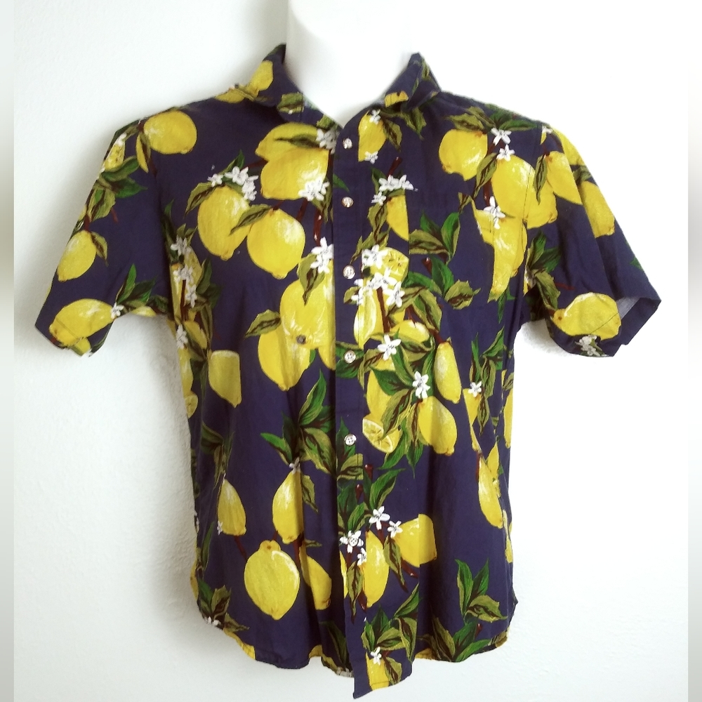 Casual Shirt Novelty Lemon Print Navy Yellow Button Down Men's Size Large L